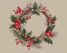 a cross stitch christmas wreath with holly and berries