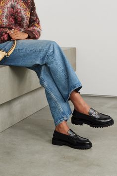 When it comes to footwear, Isabel Marant never puts a foot wrong. The perfect balance of preppy and tough, these leather 'Frezza' loafers have been made in Italy and set on chunky lug soles. Zoom in to spot the etched logos on the burnished gold-tone bars. Lug Loafers For Women Outfit, Lug Sole Loafers Outfit, Isabel Marant Derst Boots, Loafers For Women Outfit, Isabel Marant Style, Isabel Marant Lenskee Boots, Isabel Marant Denvee Boots, Black Slip-on Tassel Loafers With Textured Sole, Isabel Marant Shoes