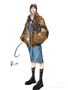 a drawing of a woman wearing a leopard print coat and denim skirt with black boots