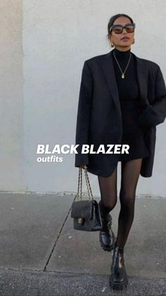 Edgy Museum Outfit, Black Longline Blazer Outfit, First Date Pub Outfit, Shirt Dress And Blazer Outfit, Jumper With Blazer Outfits, Men’s Blazer Outfits Women, Pub Wear Outfits Women, Black Satin Blazer Outfits, Bra With Blazer Outfit