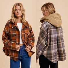 Loose fit Lining  Detachable hood Snap buttons Vintage Winter Shacket With Button Closure, Plaid Hooded Flannel Outerwear, Plaid Button-up Shacket For Outdoor, Outdoor Button-up Shacket With Flap Pockets, Long-sleeved Flannel Shacket With Pockets, Bohemian Jackets, Unique Jackets, Boho Shirts, Detachable Hood