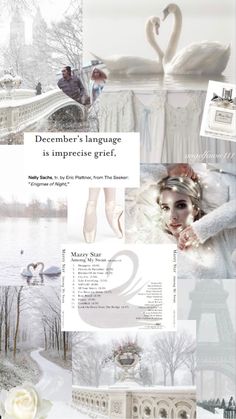 a collage of photos with swans in the background and text that reads, december's language is impeccacies grif