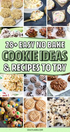 collage of cookies and desserts with text overlay that reads 28 easy no bake cookie ideas & recipes to try