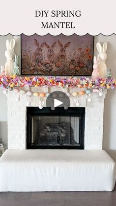 a living room with a fireplace decorated for easter