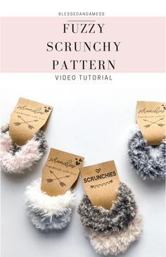 four fuzzy scrunchy crochet patterns with text overlay that reads fuzzy scrunchy pattern video tutor