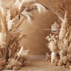 an arrangement of dried flowers and plants in sepia tone