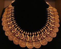 Temple Collection Jewellery, Kaasu Mala, Kasu Malai, Kasula Haram, Kasula Peru, Antique Haram, Gold Earing, Indian Gold Necklace Designs