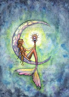 a painting of a mermaid sitting on the moon holding a flower in her hand and looking at