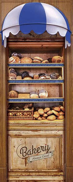 an old fashioned bakery display case filled with pastries and breads, under a blue awning