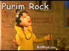 an animated image of a woman in a yellow outfit with words purim rock above her head