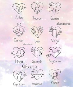 zodiac signs and their meanings in the shape of hearts on a pink background with stars