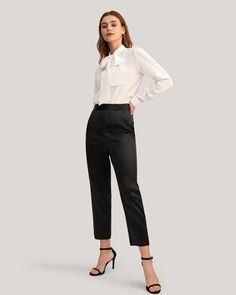 Tailored and high-waisted, the Comfort-Fit Silk Cigarette Pants are your new go-to for a modern update of a classic style. This high-waisted style has a flat front with pleats for a fitted and flattering fit. The waistband features elegant button detailing that adds just the perfect amount of flair for everyday wear. With side pockets for practicality, these trousers are perfect for work for a modern look. Mix it up and wear them at the weekends too, these trousers can adapt with you through all occasions in your life. 1950s Pants, Carryon Packing, 1960s Pants, Dramatic Gamine, Office Outfit Ideas, 1960s Outfits, Silk Pajamas Women, Silk Bedding Set, Gamine Style