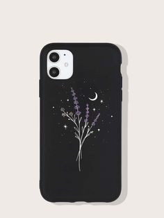 a phone case with flowers and stars on the back, in front of a white background