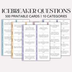 the icebreaker questions printable cards are shown in four different colors and font on each card