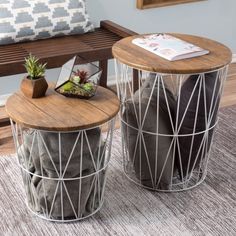 two round tables with metal wire baskets on them