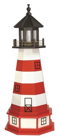 a red and white lighthouse with a black roof