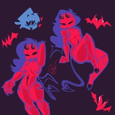 two women in red and blue with bats flying around them on a black background,