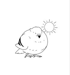 a black and white drawing of a bird with the sun above it's head