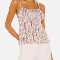 Women's Free People Tank Poly Blend Adjustable Shoulder Straps Satin Fabric Ivory With Floral Pattern White Ditsy Floral Print Summer Top, White Ditsy Floral Print Top For Summer, Casual White Top With Ditsy Floral Print, Casual White Tops With Ditsy Floral Print, Free People Tank, Free People Top, Small Tops, Satin Fabric, Free People Tops