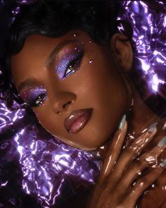 Futuristic Makeup Looks Future Fashion, Gold Makeup Looks Editorial, Sydney J Harper Makeup, Black Model Beauty Editorial, Purple Goddess Makeup, Purple Birthday Ideas For Women, Creative Makeup Looks Black Women, Birthday Eye Makeup Looks, Purple Aesthetic Black Women