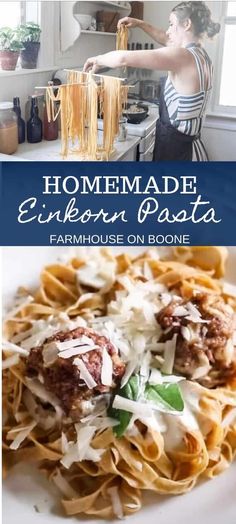 a plate with pasta and meat on it in front of the words homemade entreen pasta