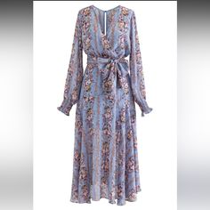 This Dress Is Stunning! Beautiful, Delicate, Flowy. Absolutely Gorgeous Vintage Floral Print And Quality And Fit Is Identical To Stock Photos Beautiful Chiffon Material Comes With Waist Tie Flattering And Comfortable, Perfect For Spring And Summer Events Built In Slip! Sold Out Online!!! Elegant Blue Floral Long Sleeve Dress, Elegant Blue Long Sleeve Floral Dress, Elegant Long Sleeve Blue Floral Dress, Blue Floral Print Chiffon Maxi Dress, Flowy Blue Chiffon Midi Dress, Feminine Blue V-neck Dress, Light Blue Floral Print Maxi Dress For Party, Chic Blue Floral Midi Dress, Chic Blue Midi Floral Dress