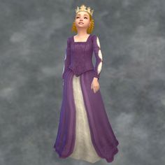 a woman in a purple and white dress with a crown on her head is looking up at the sky