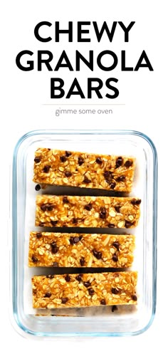 chewy granola bars in a glass container with text overlay