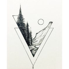 a triangle with trees and mountains in the background, drawn by hand on white paper