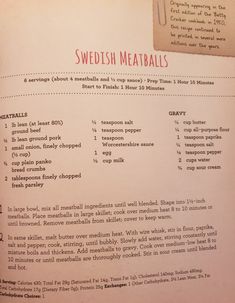 the menu for swedish meatballs is shown in red and white letters, along with instructions on how to cook them