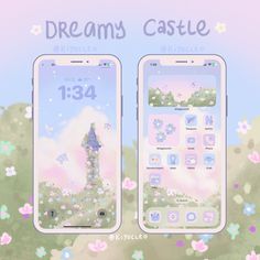 two smartphones with the same screenshote on them, one showing an image of a castle