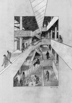 a drawing of people walking up and down stairs in a building with multiple levels that are connected to each other