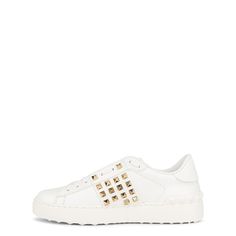 Goldtone pyramid studs add a flash of signature glamour to a lace-up sneaker that instantly elevates your street-style game.Lace up frontIncludes additonal white lacesPlatinum-fish studsSpecial label with the number 11 on tongueWhite rubber sole with rubber studs detail on the back.Composition: White leather (Calf)Rubber sole measures approximately 25mm/ 1 inchMade in Italy Casual Lace-up Sneakers With Rivets, Luxury Low-top Platform Sneakers With Studded Outsoles, Luxury Studded Platform Sneakers With White Sole, Low-top Leather Sneakers With Studs, Designer Studded Low-top Sneakers, Designer Low-top Sneakers With Spikes, Luxury Spiked Sneakers For Streetwear, Luxury White Studded Sneakers, Casual Studded Lace-up Sneakers