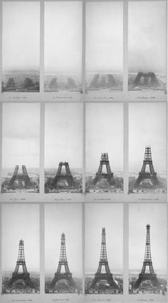 the eiffel tower is shown in black and white, with many different angles