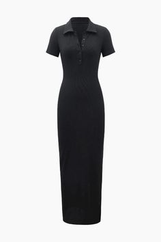 Ribbed Short Sleeve Button Down Slit Maxi Dress - HouseofHalley Short Maxi Dress, Ribbed Maxi Dress, Dress Stores Online, Maxi Dress Online, Summer Maxi Dress, Black Maxi Dress, Modest Fashion, Pretty Outfits, Fashion Inspo Outfits