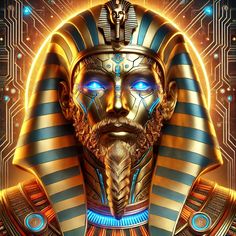 an egyptian pharaoh with glowing blue eyes and gold headdress, standing in front of a circuit board