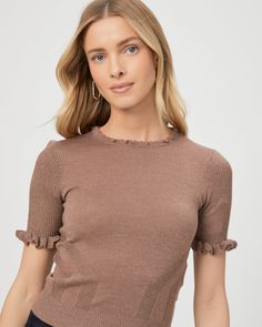 Brown Ruffled Top With Short Sleeves, Feminine Brown Tops For Fall, Brown Short Sleeve Knit Top For Fall, Fitted Ruffle Knit Top With Short Sleeves, Fitted Knit Top With Ruffles And Short Sleeves, Feminine Short Sleeve Knit Top For Fall, Elegant Brown Crew Neck Top, Gold Short Sleeve Tops For Fall, Brown Shorts