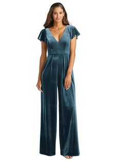 Flutter Sleeve Velvet Jumpsuit with Pockets Bride Jumpsuit, Bridesmaids Jumpsuits, Modern Bridesmaid, Dutch Blue, Traditional Gowns, Jumpsuit With Pockets, After Six, Velvet Jumpsuit, Velvet Maxi Dress