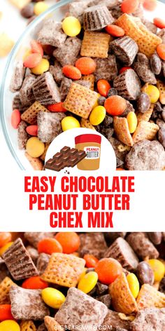 easy chocolate peanut butter chex mix in a glass bowl with the title overlay