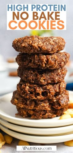 three cookies stacked on top of each other with the words high protein no bake cookies