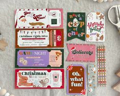 several christmas themed items are laid out on a sheet of paper next to some crafting supplies