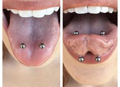 two pictures of a woman's tongue with piercings on it, and the bottom one is open