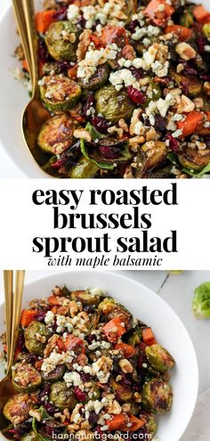 an easy roasted brussel sprout salad with maple balsamic in a white bowl