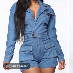 Brand New With Tags Size Small Fashion Nova Denim Jumper Blue Jean Jumpsuit Outfits, Jean Outfit, Denim Jumper, Denim Outfits, Denim Romper, Shorts Women, Womens Loungewear, Sleeved Romper, Denim Jumpsuit