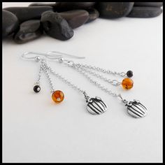 Limited Edition Pumpkin Charm Drop Earrings with Onyx and Amber Autumn Weather, Vine Ring, Ghost Earrings, Tanzanite Ring, Leaf Charms, Jasper Beads