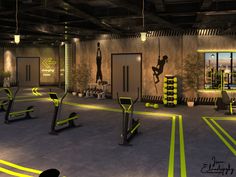 there are many exercise equipment in the gym with neon yellow lines on the floor and walls