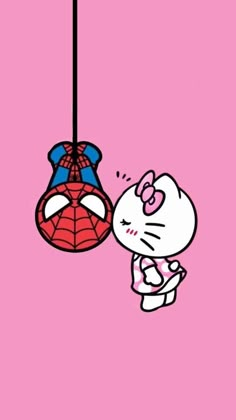 hello kitty and spider - man kissing in front of a pink background