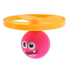 a pink ball with googly eyes and an orange ring around it's neck