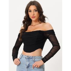 This attractive crop top features a mesh sheer long sleeve, the design of off-shoulder style, and a boned bustier. It is a must-have for any fashion-forward wardrobe. Styled with earrings, a necklace, a mini skirt, and high heels as your fashion look! Suitable for clubwear, daily, loungewear, party, school, work, office, winter, fall, summer, holiday, vocation, pub, bar, cocktail, night out, nightwear, dating. Evening Crop Top With Sheer Sleeves, Trendy Party Mesh Crop Top, Trendy Mesh Crop Top For Party, Sheer Cropped Mesh Top For Party, Cropped Mesh Top With Sheer Sleeves For Party, Party Crop Top With Sheer Sleeves, Chic Long Sleeve Corset For Party, Trendy Fitted Off-shoulder Top For Party, Cropped Mesh Top For Party