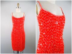 "An absolutely breathtaking color! This beauty is fully embellished with neon red sequins and is in perfect condition! Measurements: Bust - 32\" Waist - 26\" Hips - 36\" Length - 35\" This amazing dress comes from a pet-free and smoke-free home. If you would like more info or have any questions, please ask!" Red Embellished Sequin Cocktail Dress, Red Embellished Sequin Dress For Cocktail, Red Fitted Sequin Dress For Festive Occasions, Fitted Red Sequin Dress For Festive Occasions, Red Beaded Summer Dresses, Red Fitted Sequin Summer Dress, Fitted Red Sequin Summer Dress, Fitted Red Sequin Dress For Summer, Embellished Mini Dress